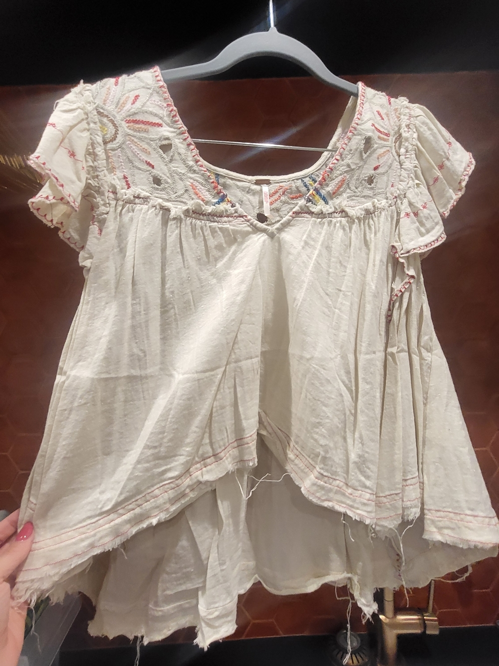 Free People Cream Embroidered Ruffle Sleeve Top - Picture 2 of 3